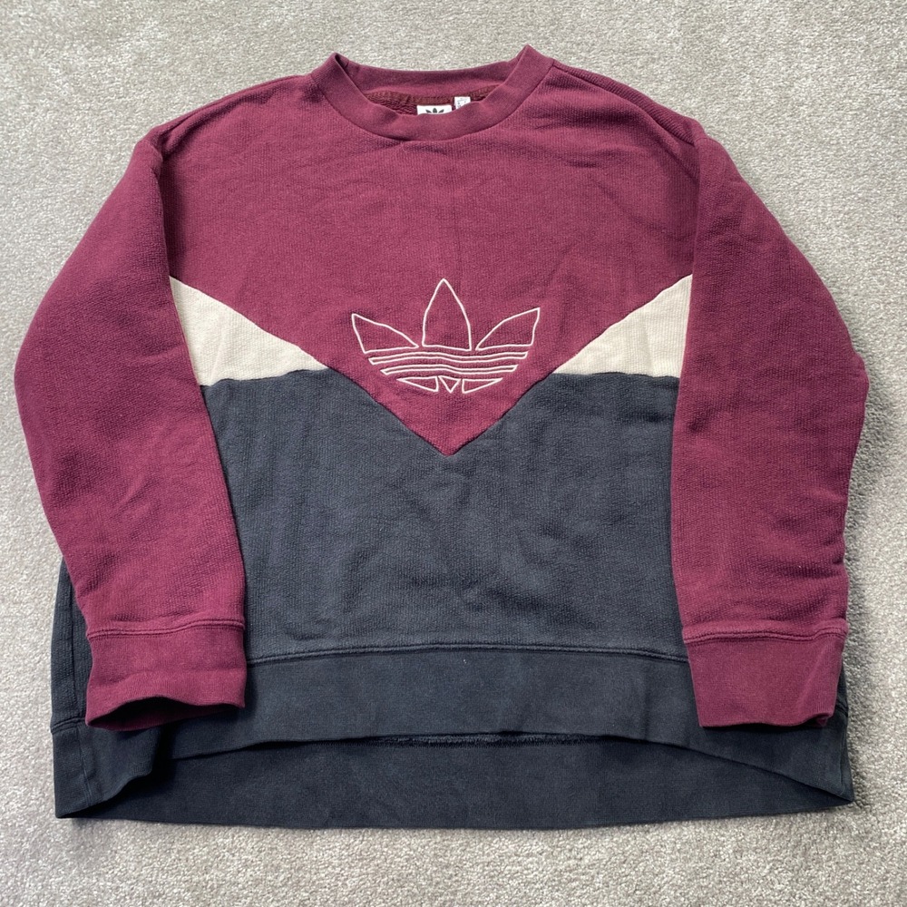 Adidas Sweatshirt Womens XL Burgundy Black Colorblock Trefoil Crewneck Pullover